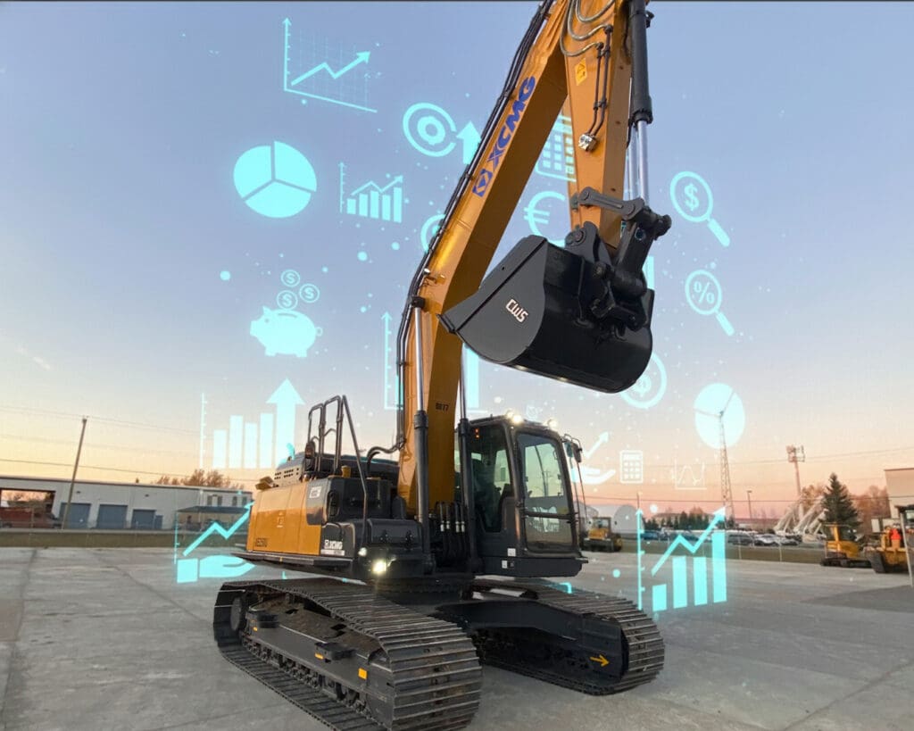 An iconic image combining heavy equipment with financial elements (like graphs, currency, or a calculator) to represent investment and cost.