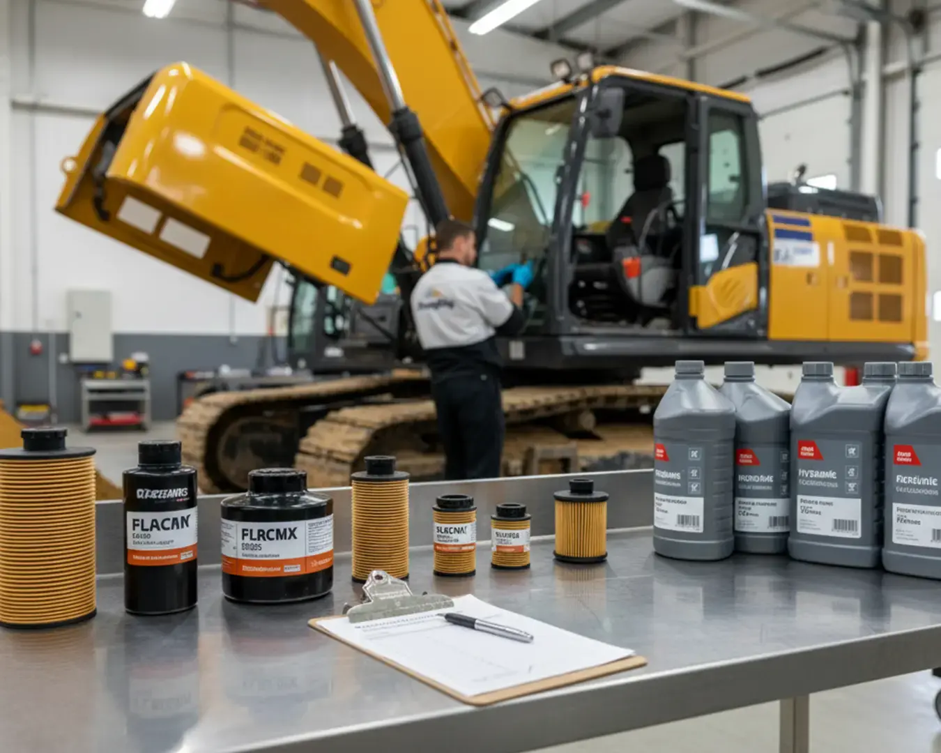 XCMG excavator undergoing professional maintenance in a workshop with filters, oils, and service parts displayed on a table.